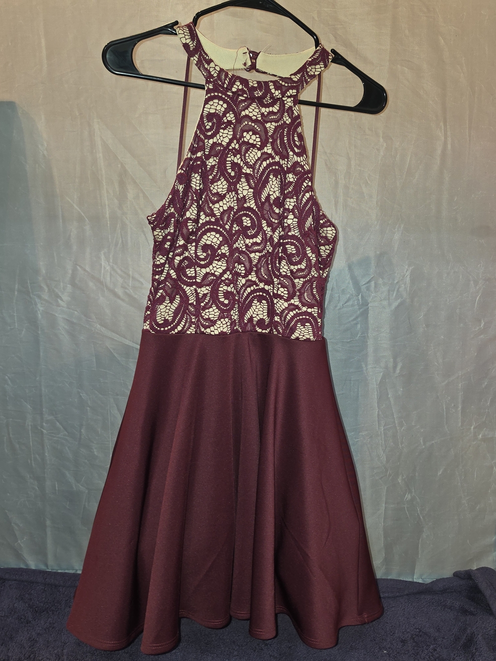 B Darlin Burgundy Lace Halter Fit & Flare Prom Dress